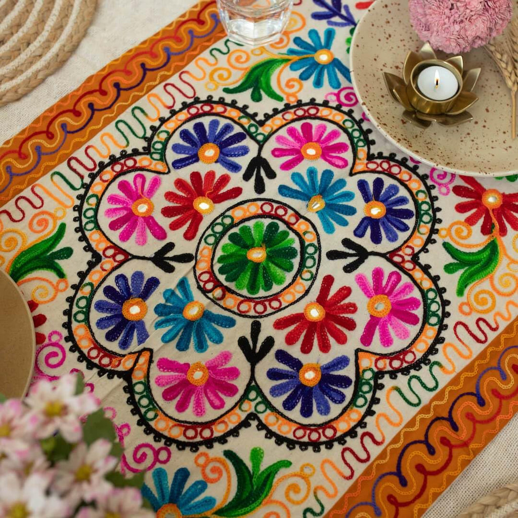 ATRANGI STUDIO Flower Embroidered Table Runner | Handcrafted Traditional Aari Work Table Cloth | Cotton Table Runner with Mirror Accents for Dining & Home Decor | 58 x 19 Inch, Multicolour