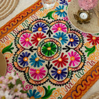 ATRANGI STUDIO Flower Embroidered Table Runner | Handcrafted Traditional Aari Work Table Cloth | Cotton Table Runner with Mirror Accents for Dining & Home Decor | 58 x 19 Inch, Multicolour