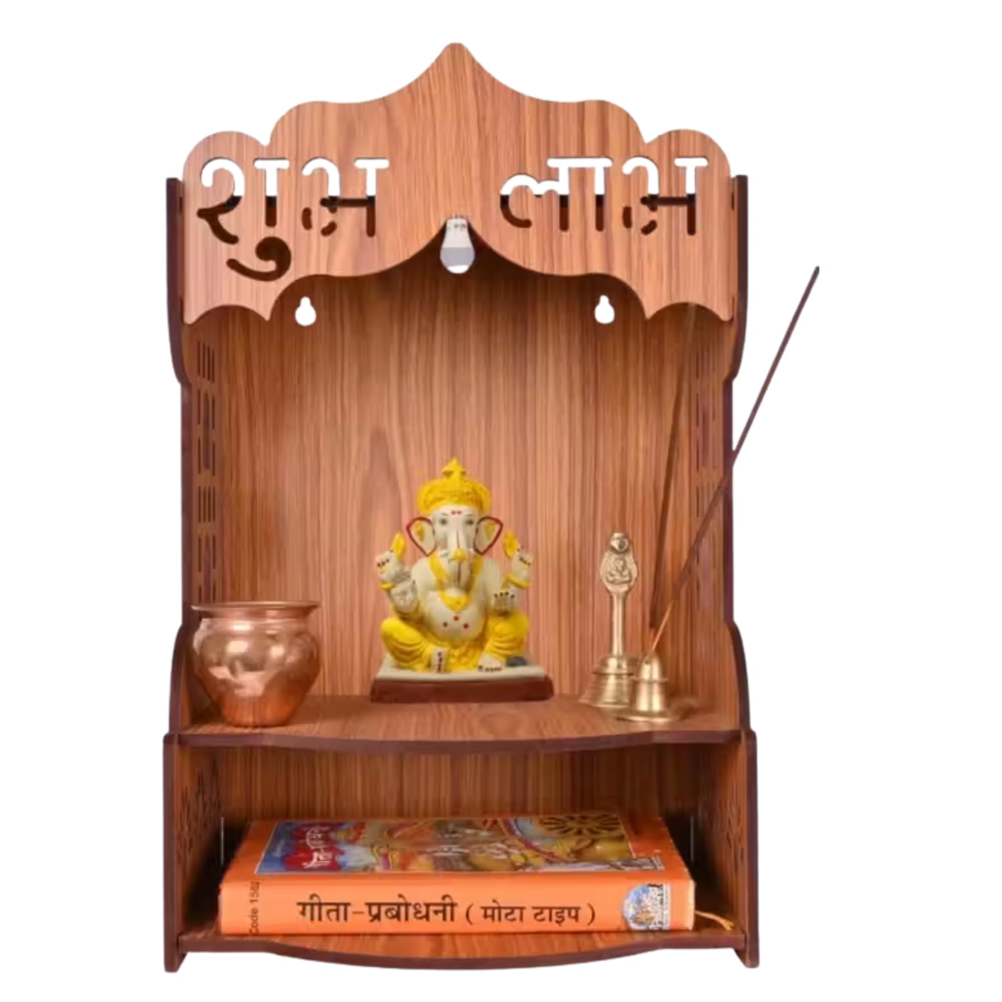 Wooden Temple for Home – Wall Mounted Pooja Mandir | Decorative Prayer Shelf with Storage | Engineered MDF Wood | Compact 9x8.5x14 Inch (Style -4)