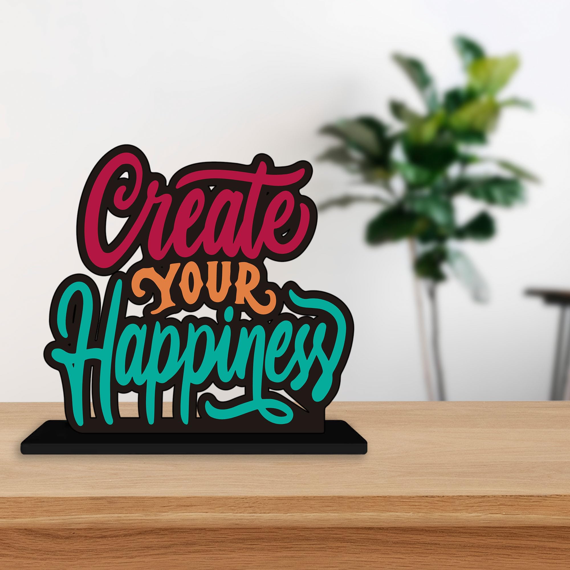Artvibes Wooden Idols and Figurine Create Your Happiness Quotes Table Decoration for Office Desk|Home Decor Item|Living Room|Modern Art Wood Alphabet Showpiece Gift Item (Sp_1141)