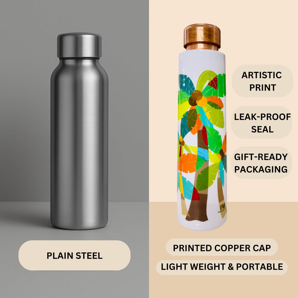 PAINTZSTORIES A Celebration of Palm Trees Meena Print Copper Water Bottle | Handcrafted Tamba Bottle | Premium Copper Water Bottle for Home Décor, Office, Travel & Gifting | 900 ml