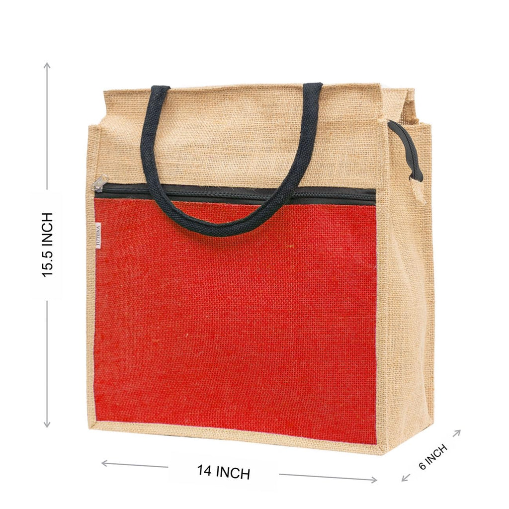 JUTEKA Front Zip Pocket Red color Jute Bag for Lunch, Office, Grocery, Picnic, Tiffin, Shopping Hand Bag with padded cotton handles