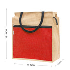 JUTEKA Front Zip Pocket Red color Jute Bag for Lunch, Office, Grocery, Picnic, Tiffin, Shopping Hand Bag with padded cotton handles