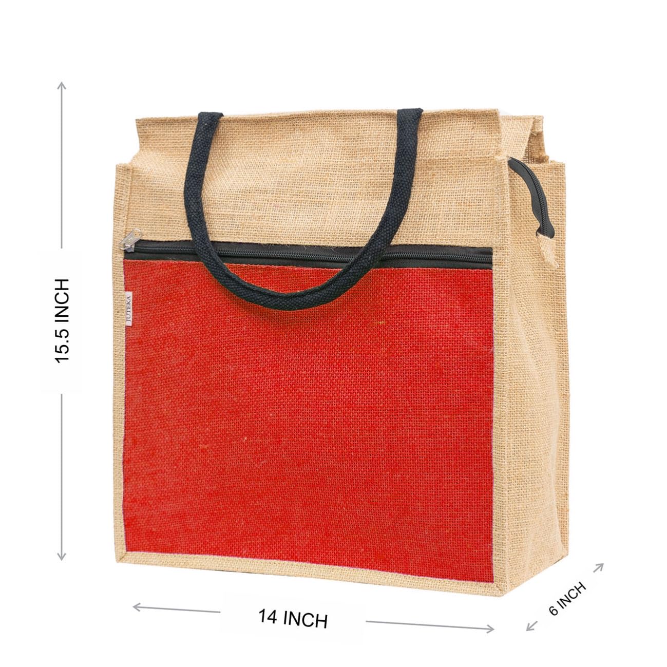 JUTEKA Front Zip Pocket Red color Jute Bag for Lunch, Office, Grocery, Picnic, Tiffin, Shopping Hand Bag with padded cotton handles