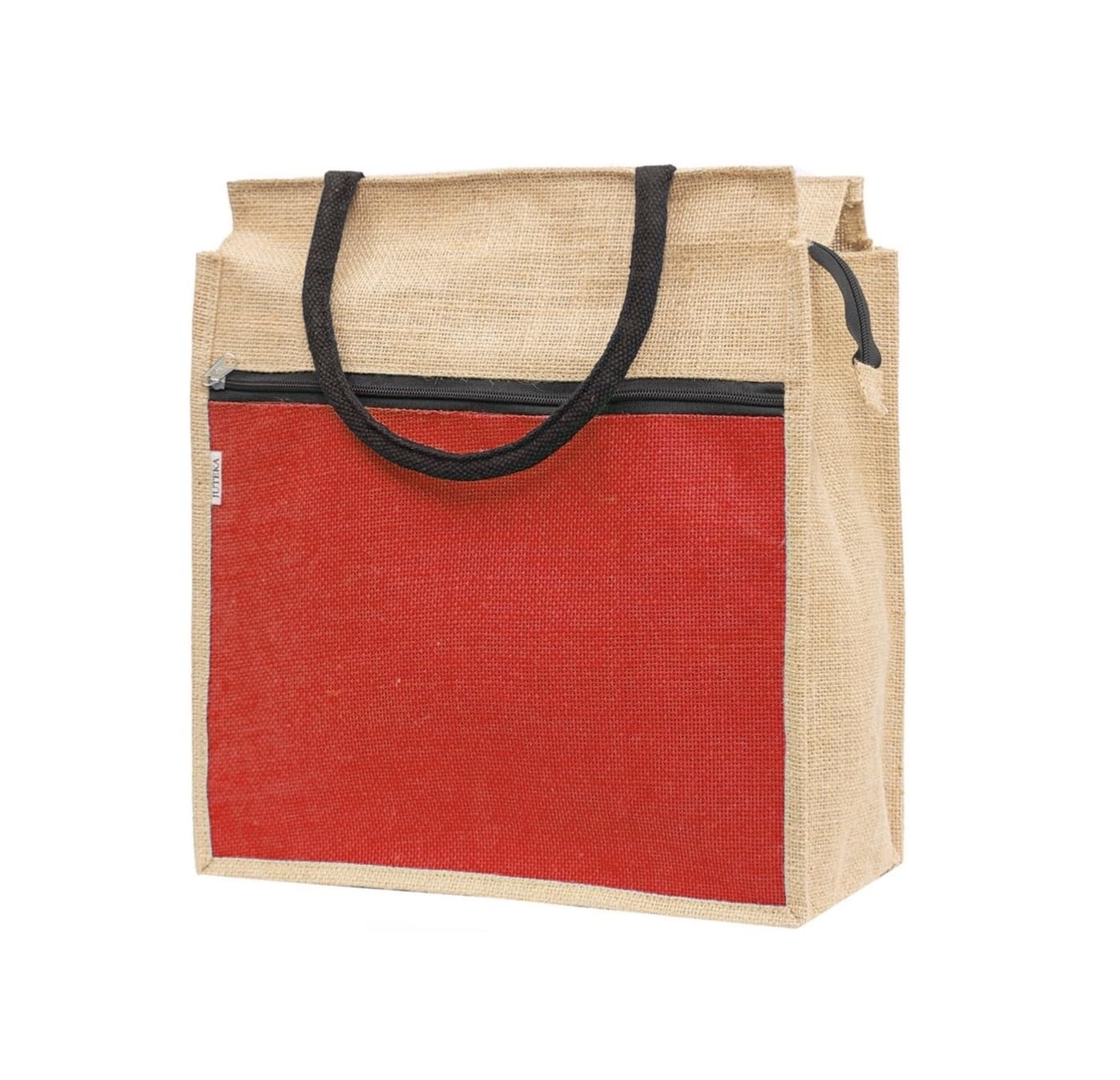 JUTEKA Front Zip Pocket Red color Jute Bag for Lunch, Office, Grocery, Picnic, Tiffin, Shopping Hand Bag with padded cotton handles