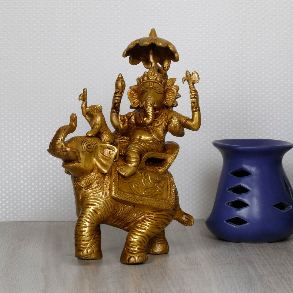 ARTVARKO Brass Ganesha Idol Ganesh Sitting on Elephant with Rat Mooshak Singhasan Ganpati Murti for Home Office Entrance Decor Diwali Pooja Golden Height 9 Inches