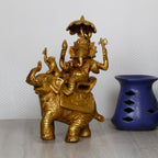 ARTVARKO Brass Ganesha Idol Ganesh Sitting on Elephant with Rat Mooshak Singhasan Ganpati Murti for Home Office Entrance Decor Diwali Pooja Golden Height 9 Inches