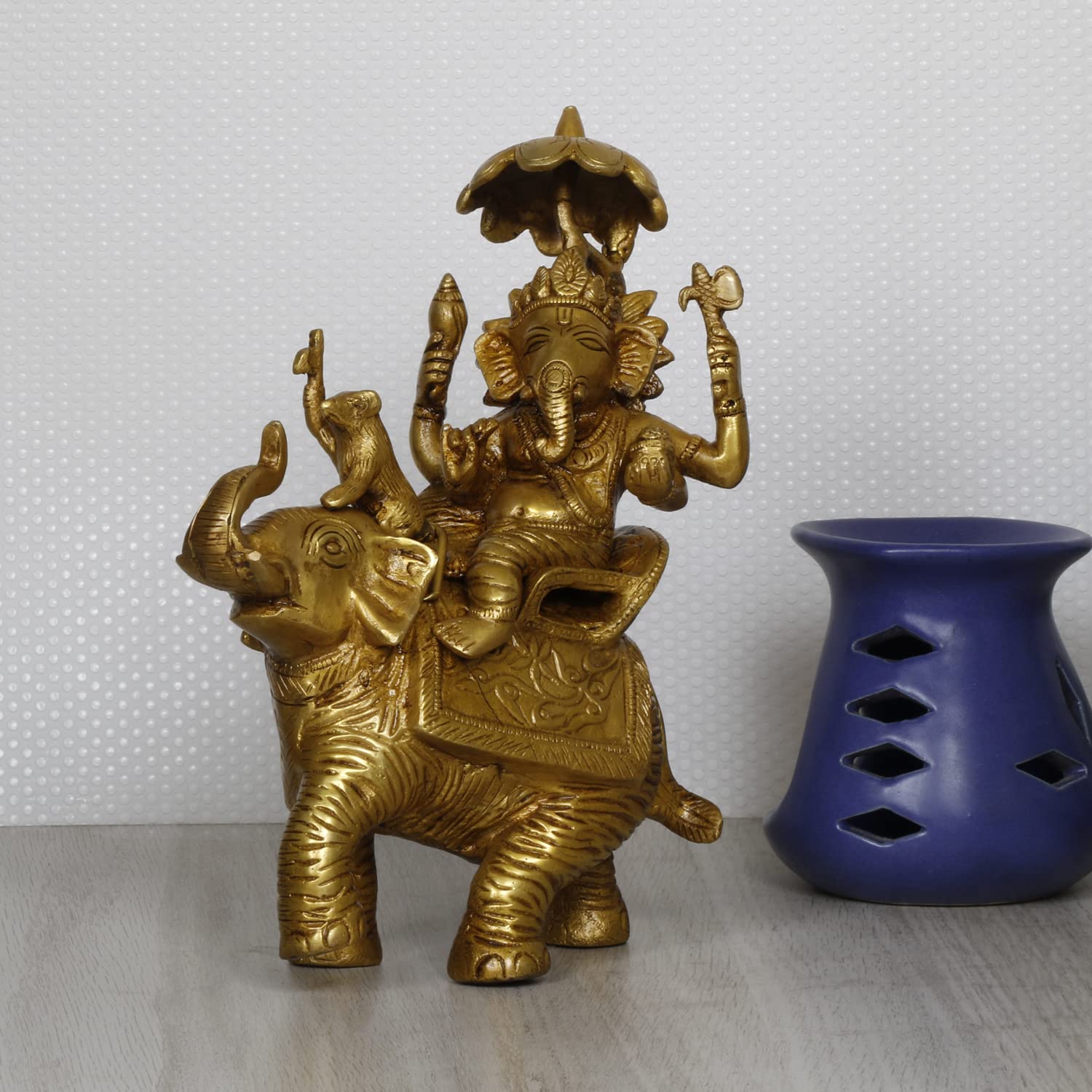 ARTVARKO Brass Ganesha Idol Ganesh Sitting on Elephant with Rat Mooshak Singhasan Ganpati Murti for Home Office Entrance Decor Diwali Pooja Golden Height 9 Inches
