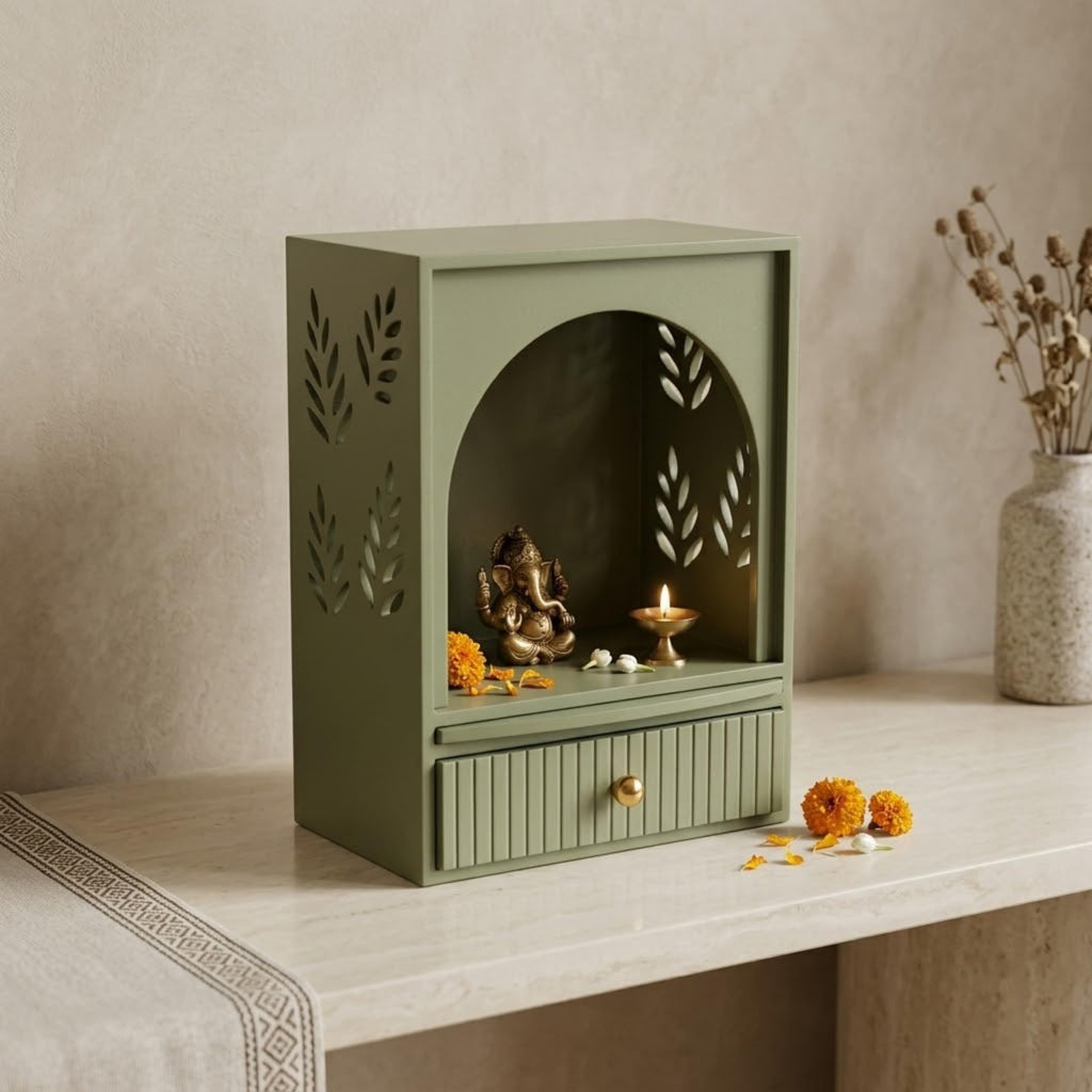 Home Sparkle Wooden Temple for Home | Premium MDF Pooja Mandir with Paint Finish | Modern Tabletop Mandir with Storage Drawer, Spacious Prayer Shelf | Reed Green