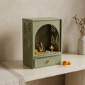 Home Sparkle Wooden Temple for Home | Premium MDF Pooja Mandir with Paint Finish | Modern Tabletop Mandir with Storage Drawer, Spacious Prayer Shelf | Reed Green