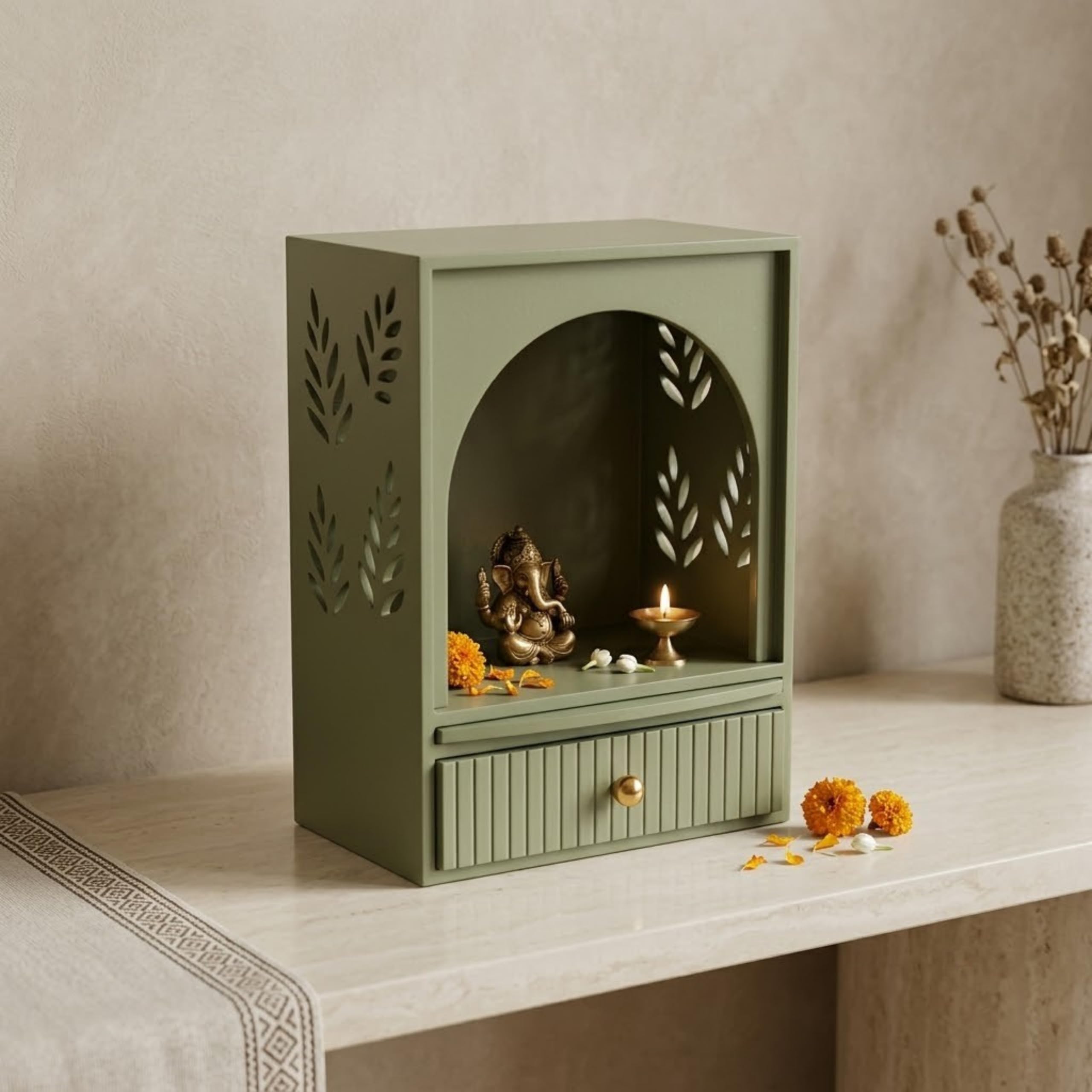 Home Sparkle Wooden Temple for Home | Premium MDF Pooja Mandir with Paint Finish | Modern Tabletop Mandir with Storage Drawer, Spacious Prayer Shelf | Reed Green
