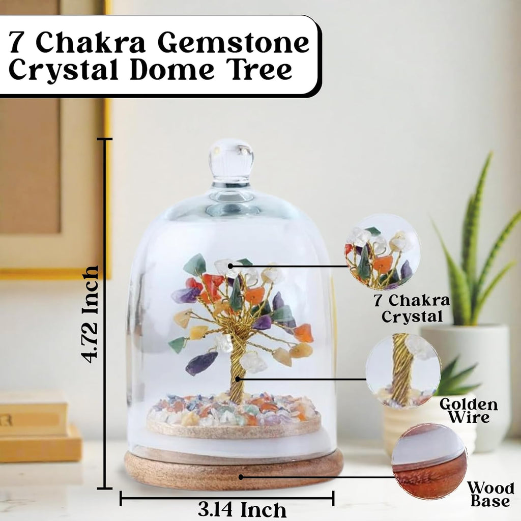 JD FRESH Original Certified Seven Chakra Crystal Tree with Glass Dome/Natural Gemstone Tree/Natural Healing Gemstone Bonsai for Meditation/Wealth/Vaastu/Office/Desk/Decor Gifts