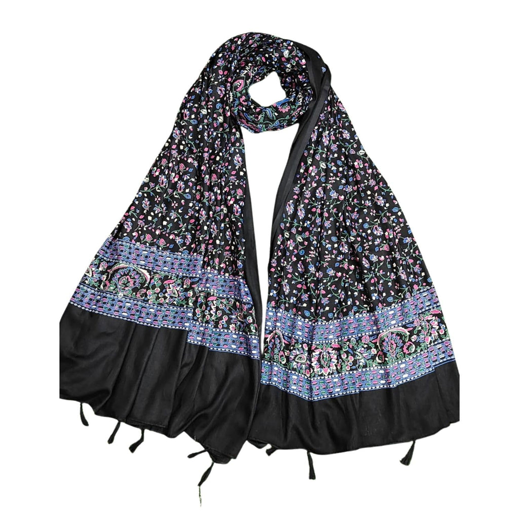 JAHAN TEXTILE black Floral Printed for Women | Soft Lightweight Dupatta/Stole with Tassels | Elegant Ethnic & Casual Wear Wrap | Stylish Designer Shawl for All Seasons (Black)