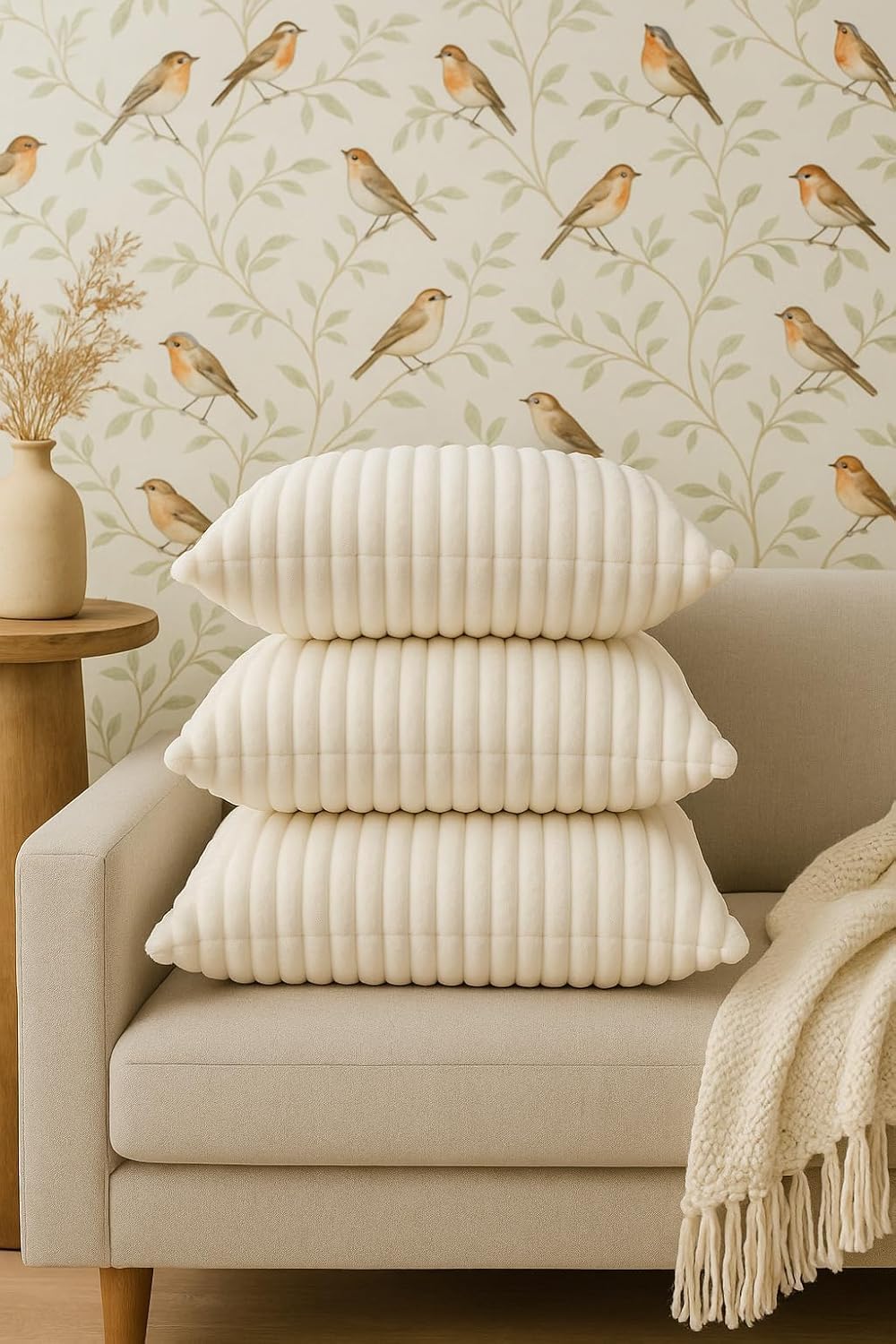 AWARD VELVETS Premium Faux Rabbit Fur Plush Luxury Soft Fluffy Striped Decorative Throw Pillow/Cushion Covers for Sofa, Couch, Living Room - (Off-White, 24 x 24 inch) Set of 1