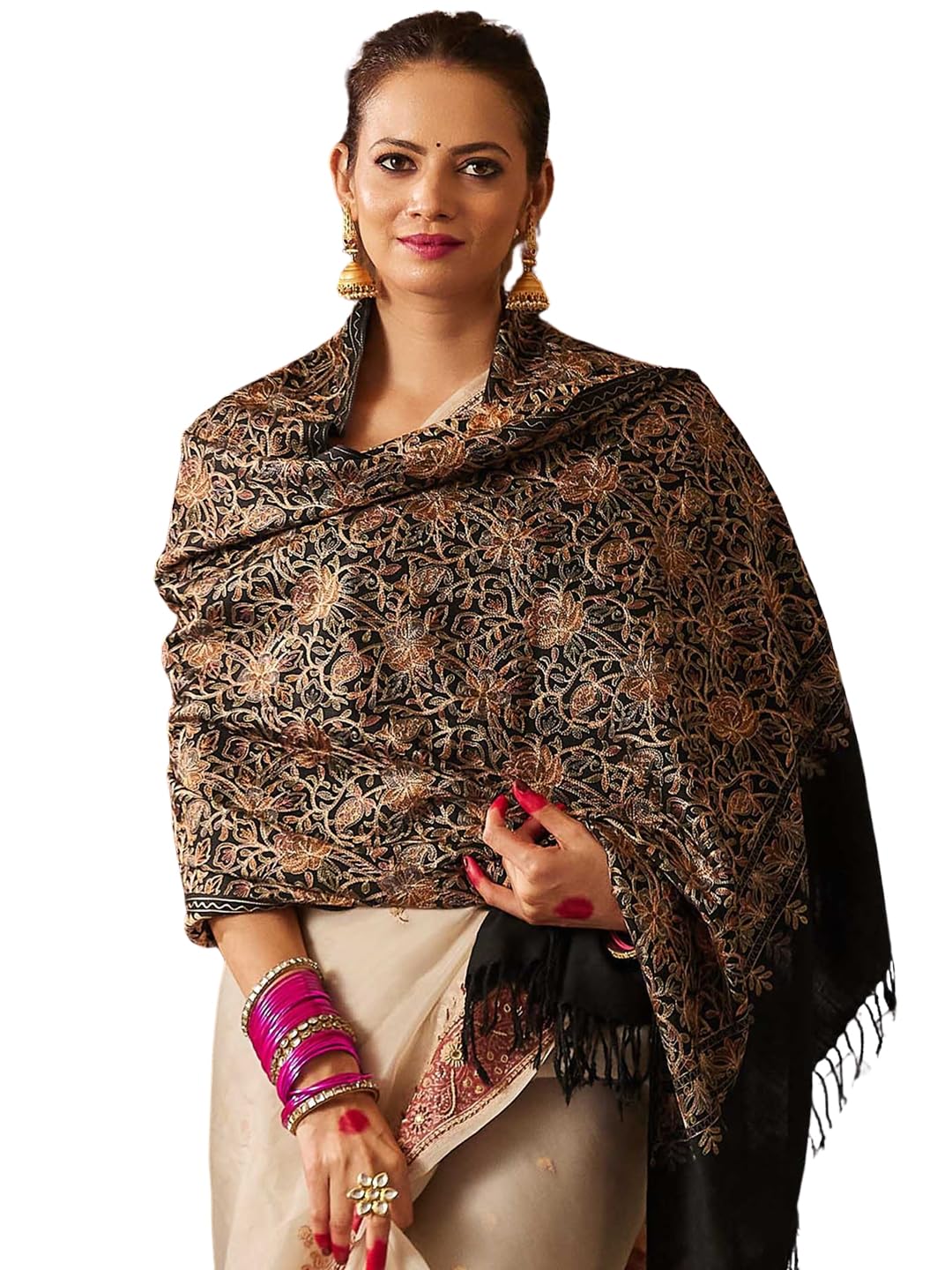 Pashmoda Women Shaguft Wool Blend Nalki Embroidered Stole, Shawl and Wrap, Luxury Pashmina Evening Wrap (Size: 71X203 CM)