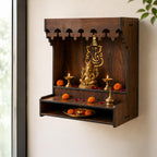 The Castle Decor Wooden Mandir for Home, Wall Hanging & Tabletop Pooja Temple with Ganesha Cutwork, 2-Tier Storage Shelf, MDF Mandir for Pooja Room, Office, Hostel, 13 x 15 x 8 Inch (Design-5)