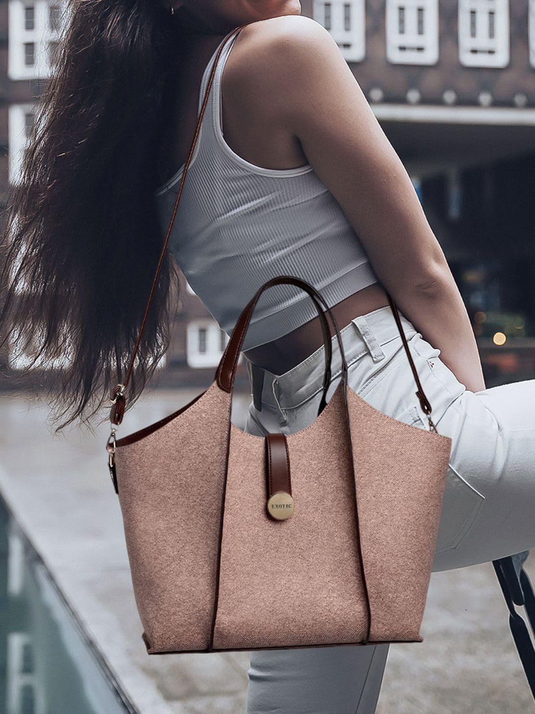 EXOTIC® Metropolitan Elegance Signature Canvas Tote top Handle Handbag | For Office | For Work | Laptop Bag | Gift Bag (Soft Brown)