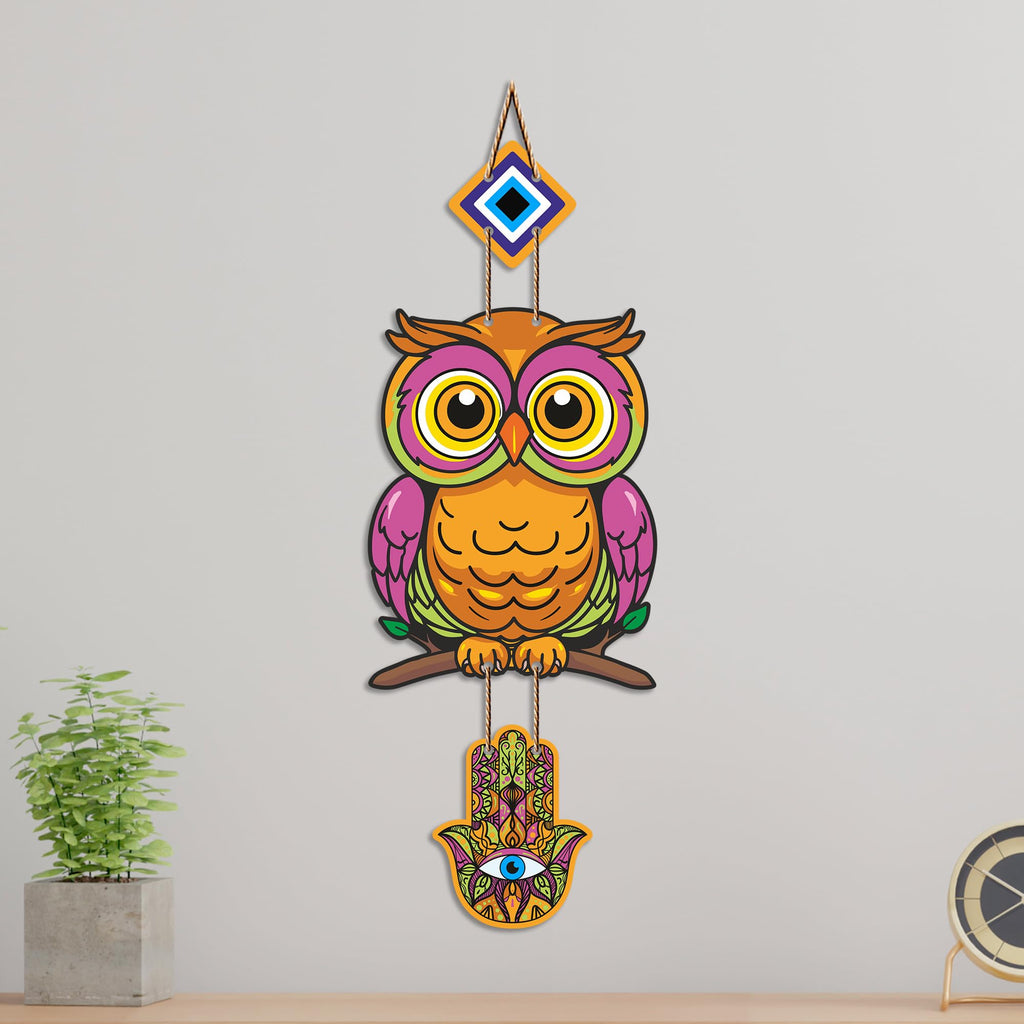 Artvibes Owl Evil Eye Protection Wall Hanging for Home Entrance | Lucky Owl MDF Nazar Battu Decor | Decorative Vastu Wall Art for Bedroom | Office | Balcony & Living Room | Home Accent (WH_8528N)
