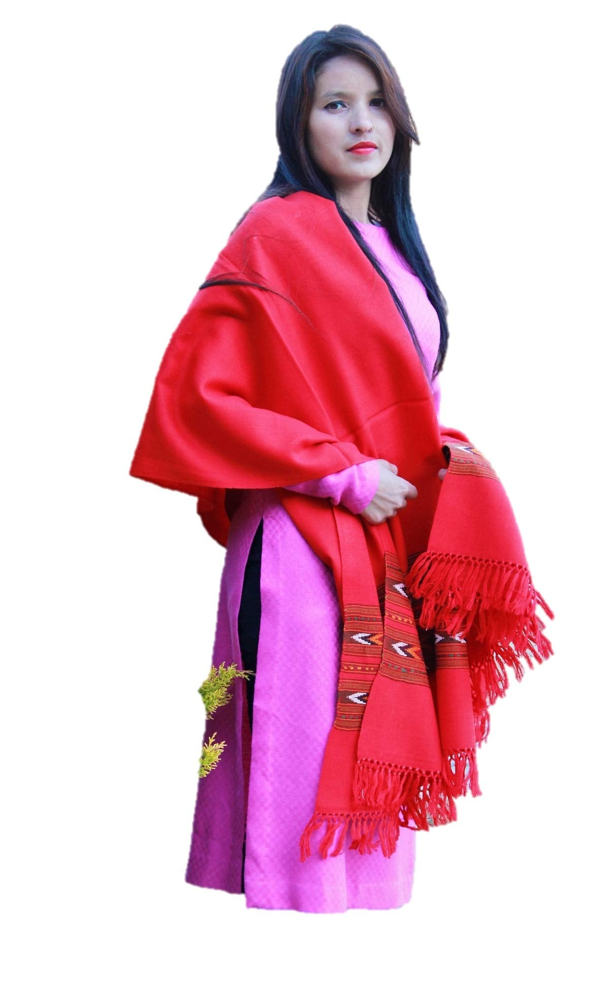 HImalayanKraft Hand Woven Kullu Handloom Woolen Shawl Red- Colored with Beautiful Kullu Weaving Designed for Women and Girls.