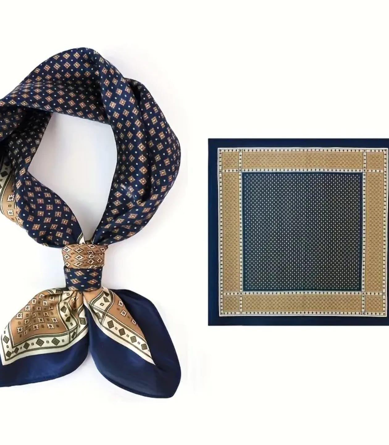 Silk Square Scarf, Navy Blue and Tan, Geometric Print, Luxury Neck Wrap