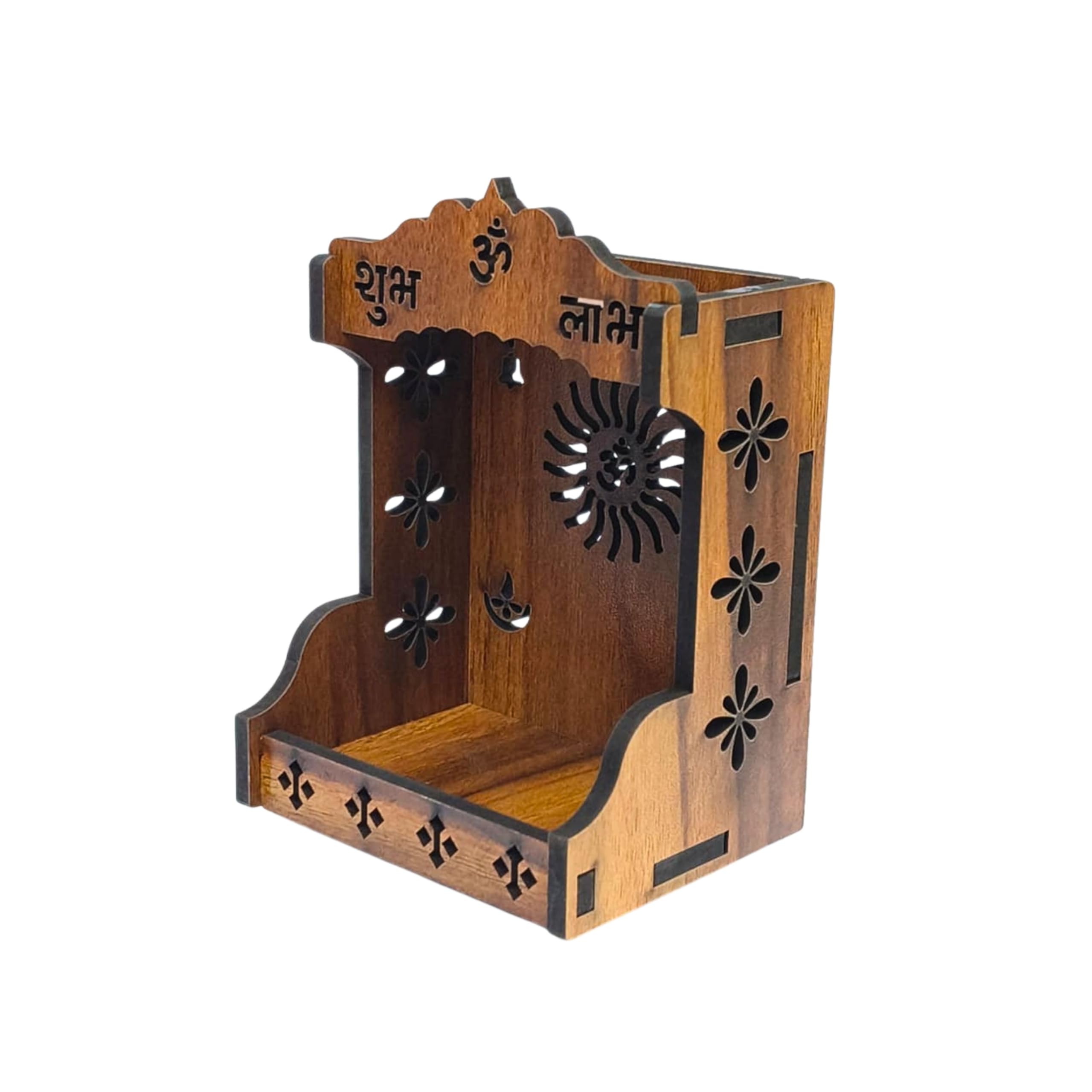 TRAVELLING SANKIRTAN PARTY Handcrafted Small Wooden Temple for Home Puja | Compact Mandir with Om Symbol & Intricate Carvings