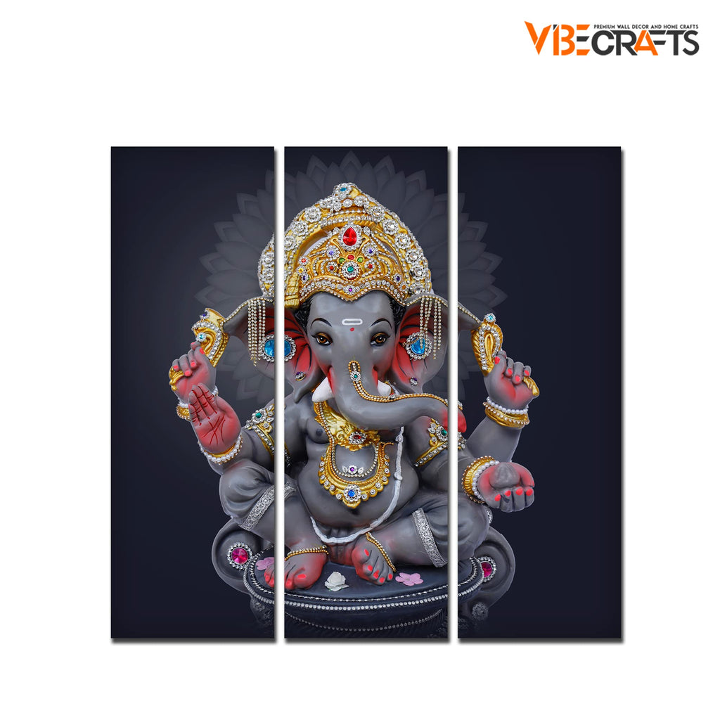 VIBECRAFTS 3 Pieces Bal Ganesh Ji Canvas Wall Painting Fitted With Wooden Frame For Home | Office | Living Room | Gifts (PTVC3Pcs1_9570)