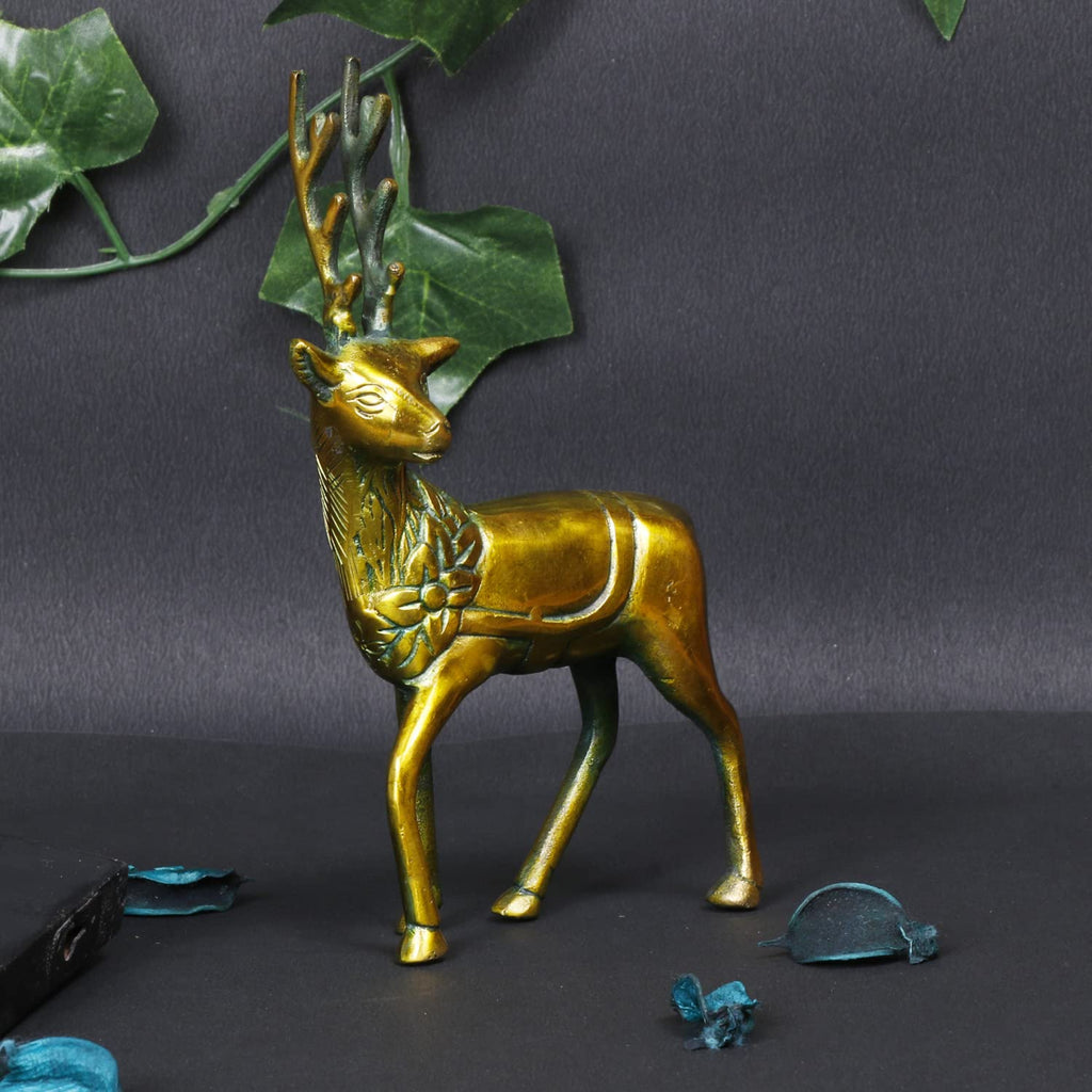 ARTVARKO Brass Deer Statue for Home Office Decor and Gift Showpiece Vastu Feng Shui Decorative (Greenish Gold 7 Inch)