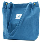 Lyrovo Women Corduroy Shoulder Tote Bag for Work Beach Travel and Shopping Grocery (Blue)