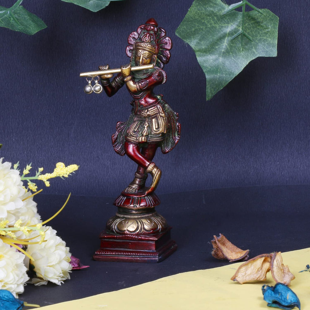 ARTVARKO Brass Krishna Bhagwan Idol Murli Kishan Murti Standing Statue Religious Gift for Home Mandir Decor Cherry Gold Finish 6 Inches