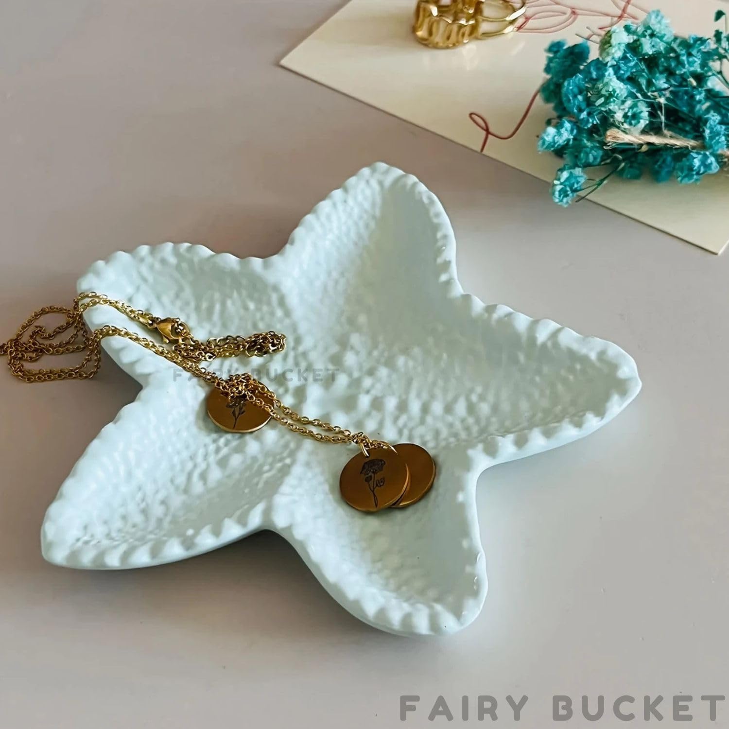 FAIRY BUCKET™ Concrete Jewelry Tray – Aesthetic Starfish Vanity Tray for Women, Decorative Trinket Dish & Ring Holder, White Candle Dresser, Cute Jewelry Plate for Home Decor & Birthday Gifts