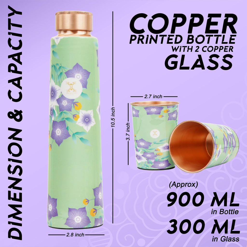 MERCAPE® - Pure Copper Water Bottle and Glass Ample Flower Printed Design, Joint Less, Advanced Leak Proof Protection, Ayurveda and Yoga Health Benefits with (2 Glass x 250 Ml) (900 Ml Bottle)