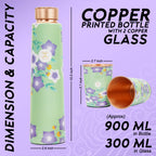 MERCAPE® - Pure Copper Water Bottle and Glass Ample Flower Printed Design, Joint Less, Advanced Leak Proof Protection, Ayurveda and Yoga Health Benefits with (2 Glass x 250 Ml) (900 Ml Bottle)