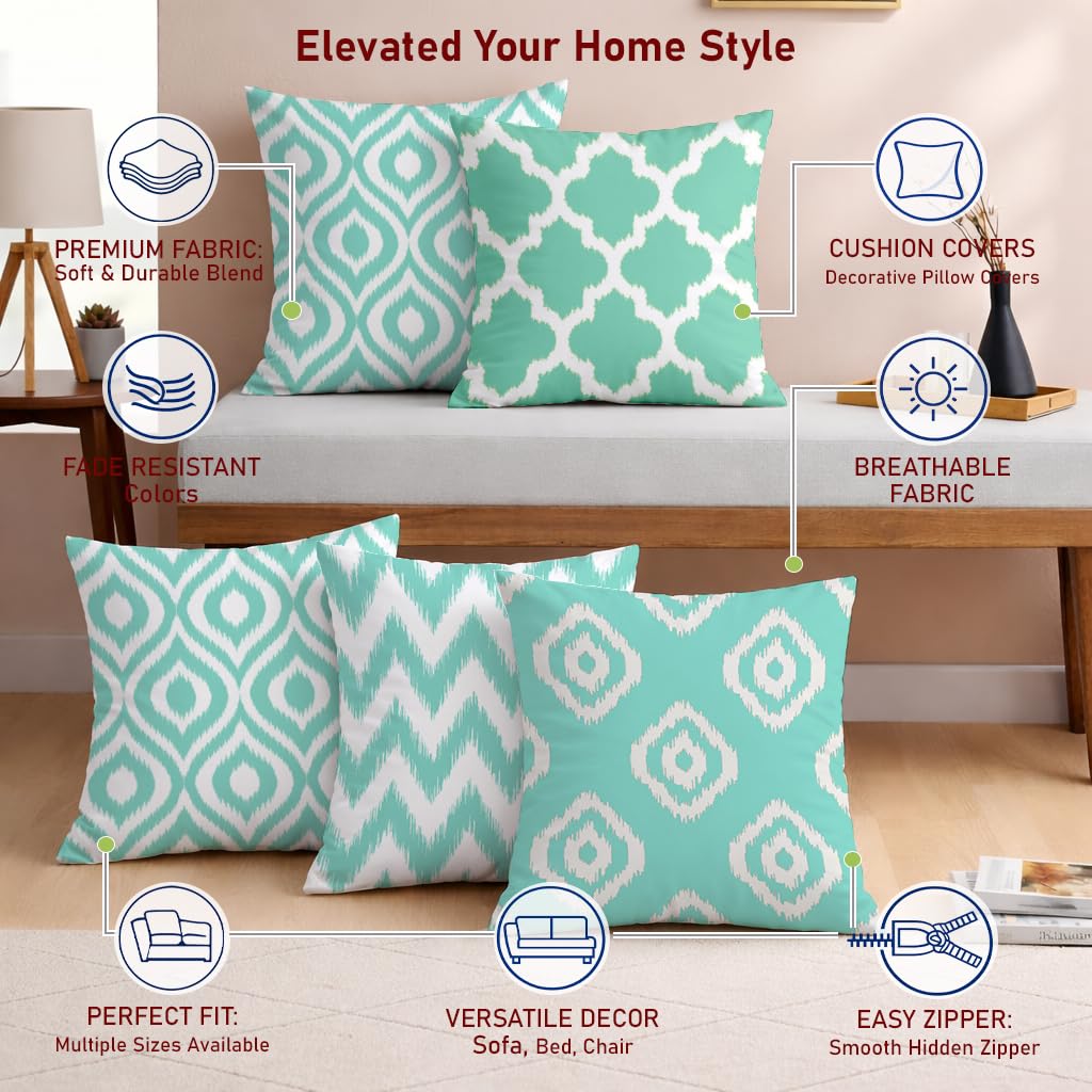 STITCHNEST Set of 5 Polycotton Cushion Covers – 24x24 Inches – Teal & White Ikat Geometric Print – Elegant Cushion Covers for Sofa & Living Room | Perfect for Home Decor