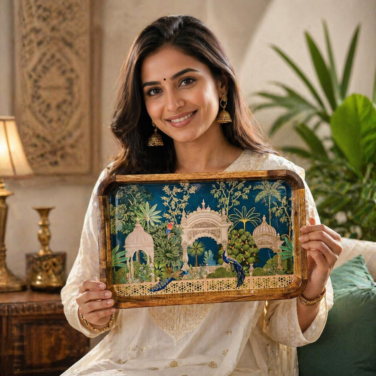 Amimashop® Large Mango Wood Serving Tray with Handles | Big Wooden Tray for Dining Table & Kitchen | Decorative Tea Tray for Home Decor | Premium Rectangular Tray 16x10 Inch (Royal Green, Large)