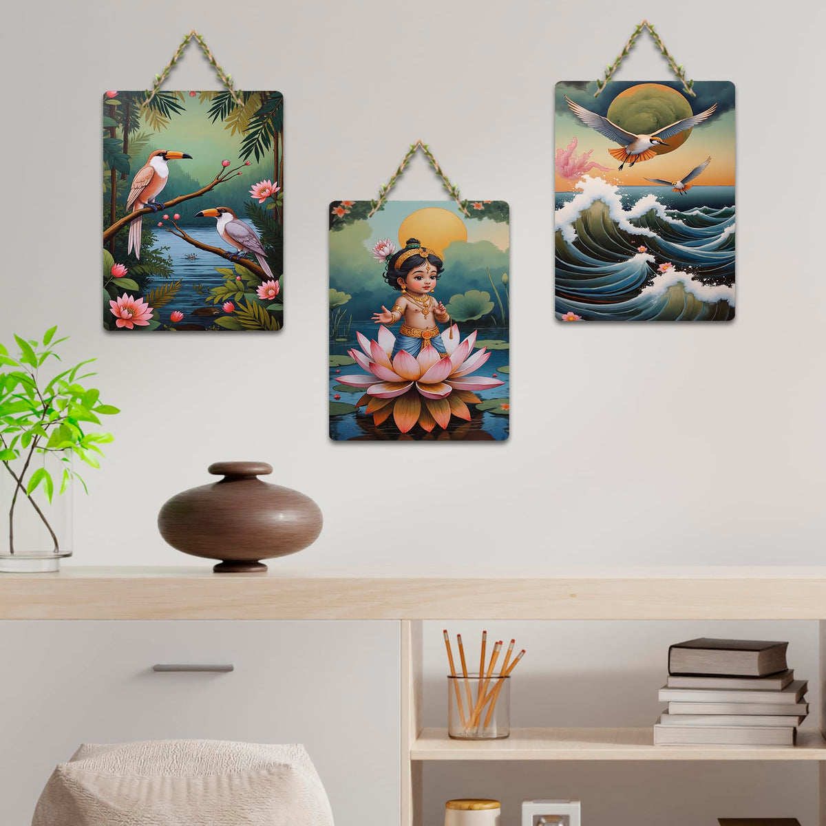 Artvibes Sacred Baby Krishna With Lotus & Birds Wooden Wall Hanger for Home | Spiritual Decor Items | Wall Poster | Artwork| Stylish Modern Decor Item | Gift Items (WH_9637N), Set of 3