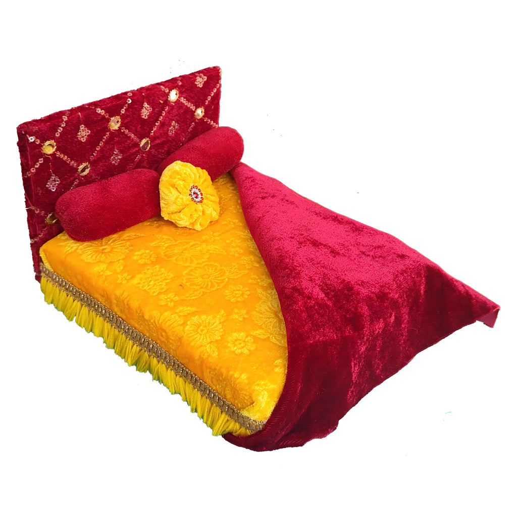 Laddu Gopal Bed Wooden with Blanket and Pillows (Yellow and Maroon) / Thakur Ji Bed/Krishna Ji/Singhasan Super Soft Kanha
