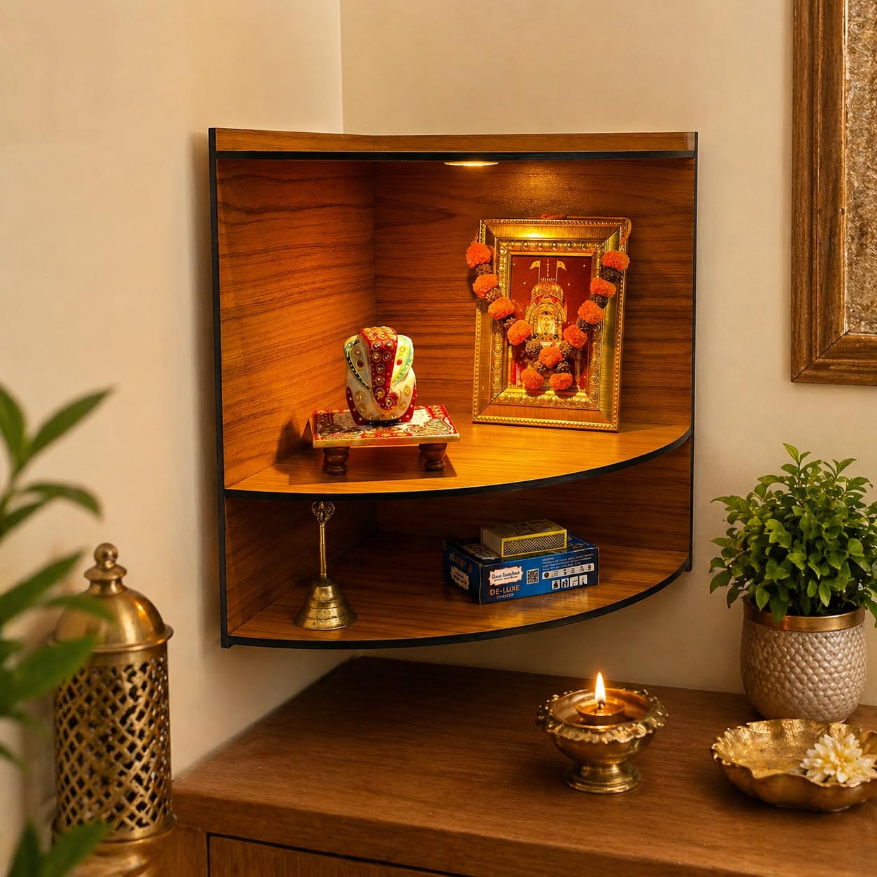 Zesta Wooden Mandir for Home Big Size | DIY Pooja Mandir with LED Spot Light | Devghar Cabinet for Living Room or Office | Wall Mounted Pooja Unit for Home (Mandir for Corner)