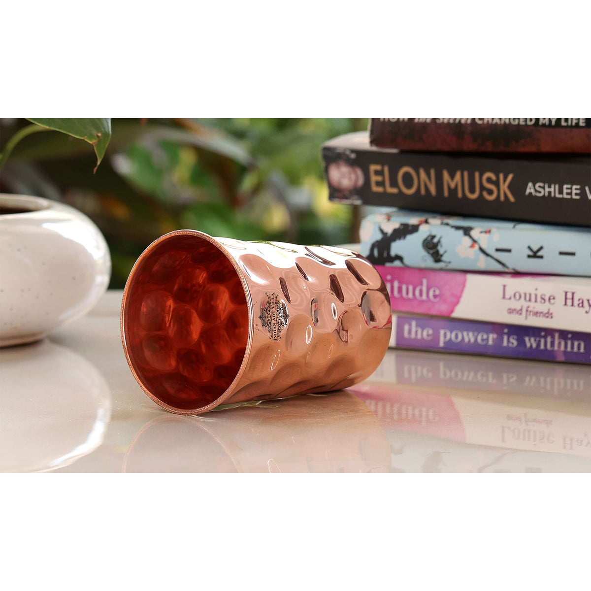 INDIAN ART VILLA Pure Copper Plain Glass with Diamond Hammered Design, Drinking Serving Water, Yoga Ayurveda, Volume-300 ml