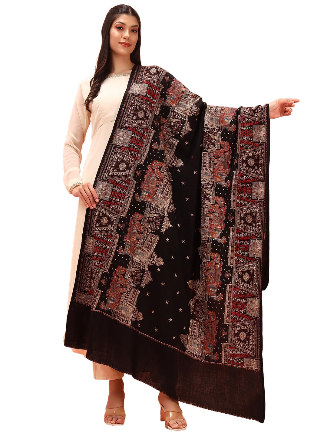 Pashmoda Women Zavian 100% Pure Wool Fabric Sozni Embroidered Shawl, Stole and Wrap, Heritage Pashmina Kashmiri Stole, Shawl, Wrap (Size: 40x80 Inches, Black Color) LIS38