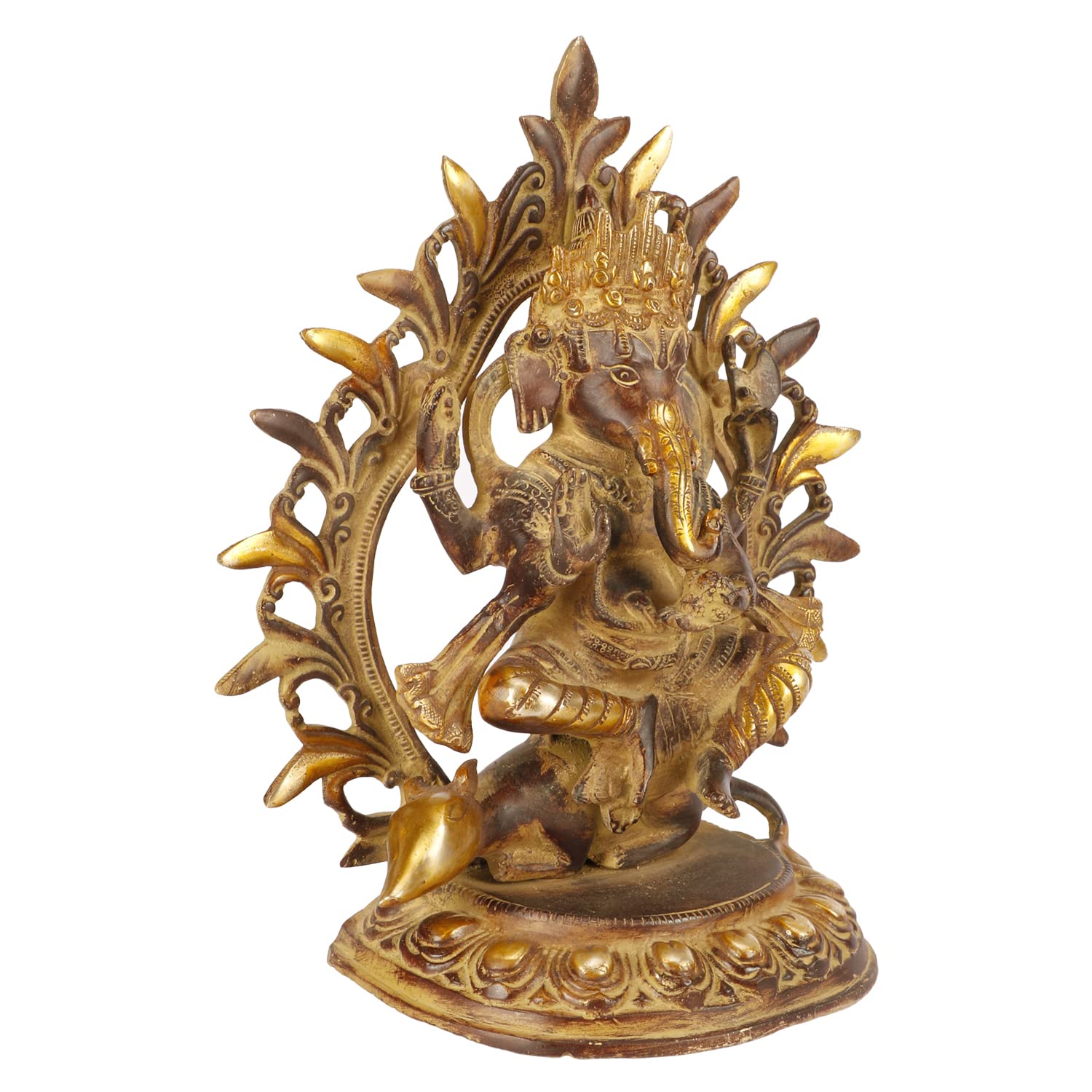 ARTVARKO Antique Brass Lord Ganesha Bhagwan Idol Ganpati Sitting on Mooshak Rat Sawari Copper Brown Color 11.5 Inch.