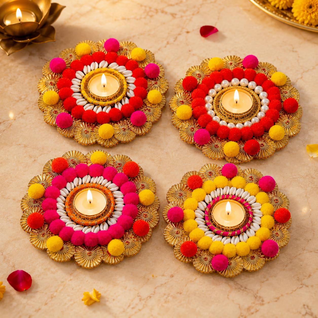 Rajasthan Kraft Handmade Tealight Candle Holder Set of 4 for Diwali Decoration | Decorative T-Light Holder with Cowrie Shell & Pom Pom Design | Festive Home Décor for Puja, Rangoli, Wedding | 3x3 Inch