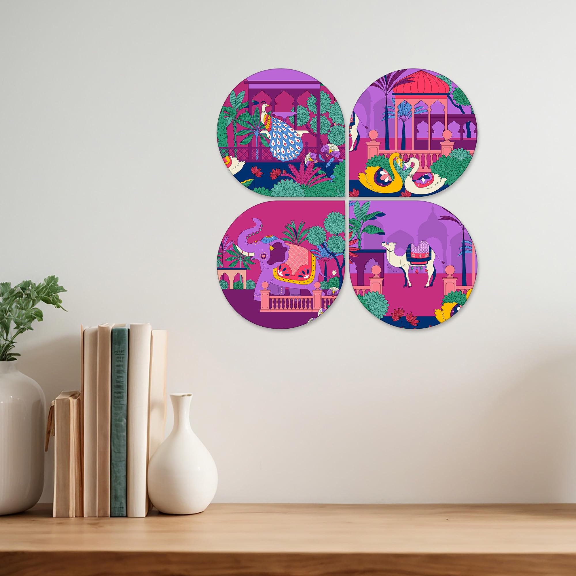 Artvibes Rajasthan Animal Wooden Art Decoration Item for Home | Living Room | Office | Cafe | Painting Wall Decor | Aesthetic Wooden Decor | Door Hanging Art Items | Ideal Gifts (WH_8432N), Set of 4