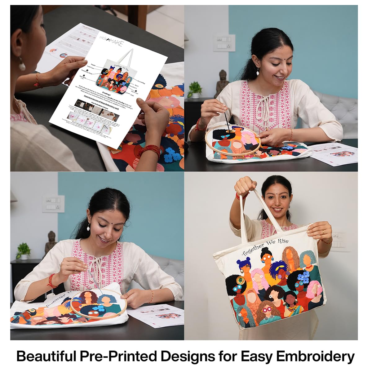 picknMAKE DIY Embroidery Tote Bag for Women – Aesthetic & Stylish Office Bag with Digitally Printed Design | 18” x 15” with Zipped Pocket | Complete Kit with Wool, Needles, Sequins and Embellishments