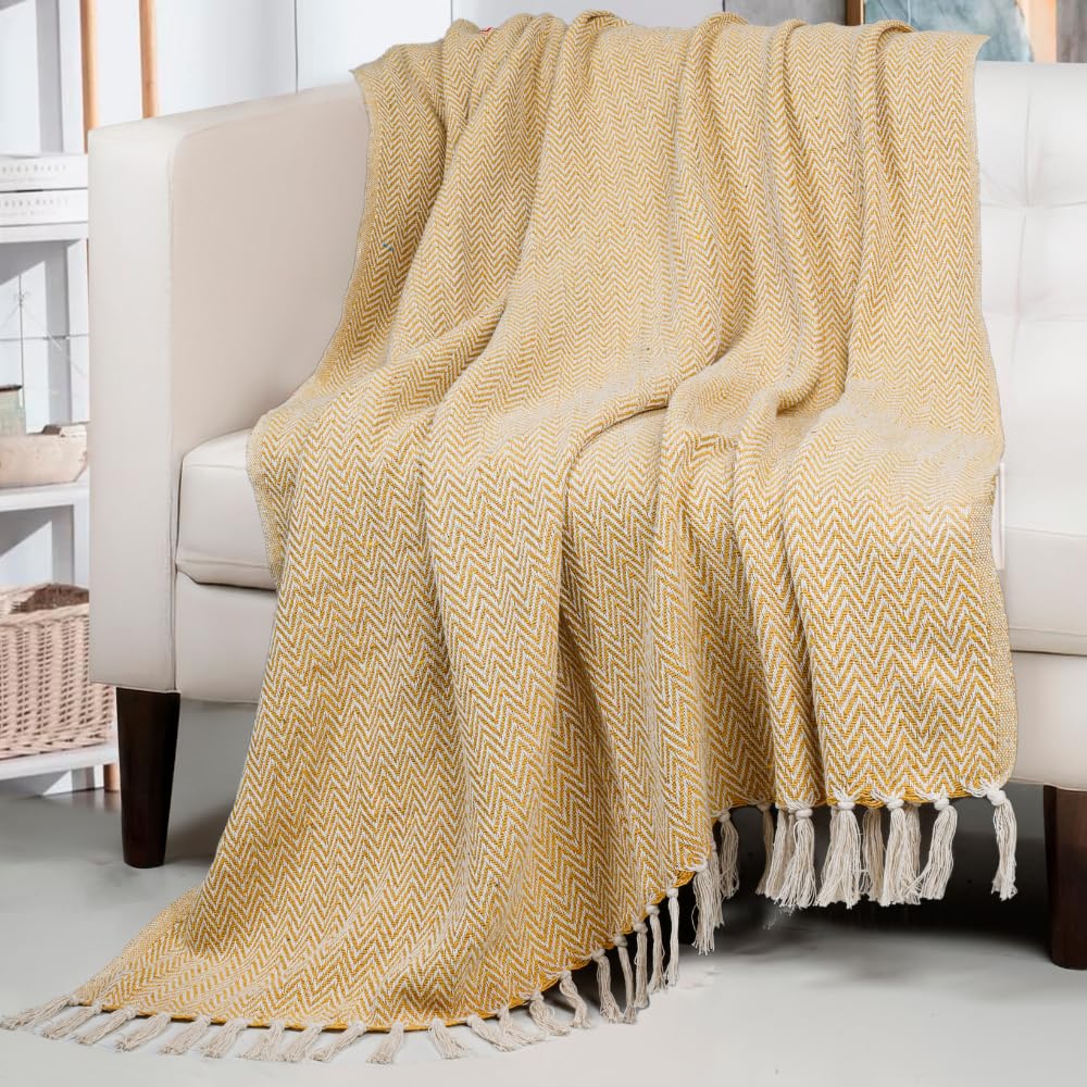 HOMADORN All Season Cotton Weaved Throw Blanket for Bed/Sofa 50x70 INCHES (Yellow) Kafalo