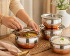 GlamourShop Stainless Steel Copper Base Serving Bowls Handi Set of 3 Pieces, Handi Set with Serving Bowl Set/Cookware Set/Sauce Pot and Handis (3, Chopper)