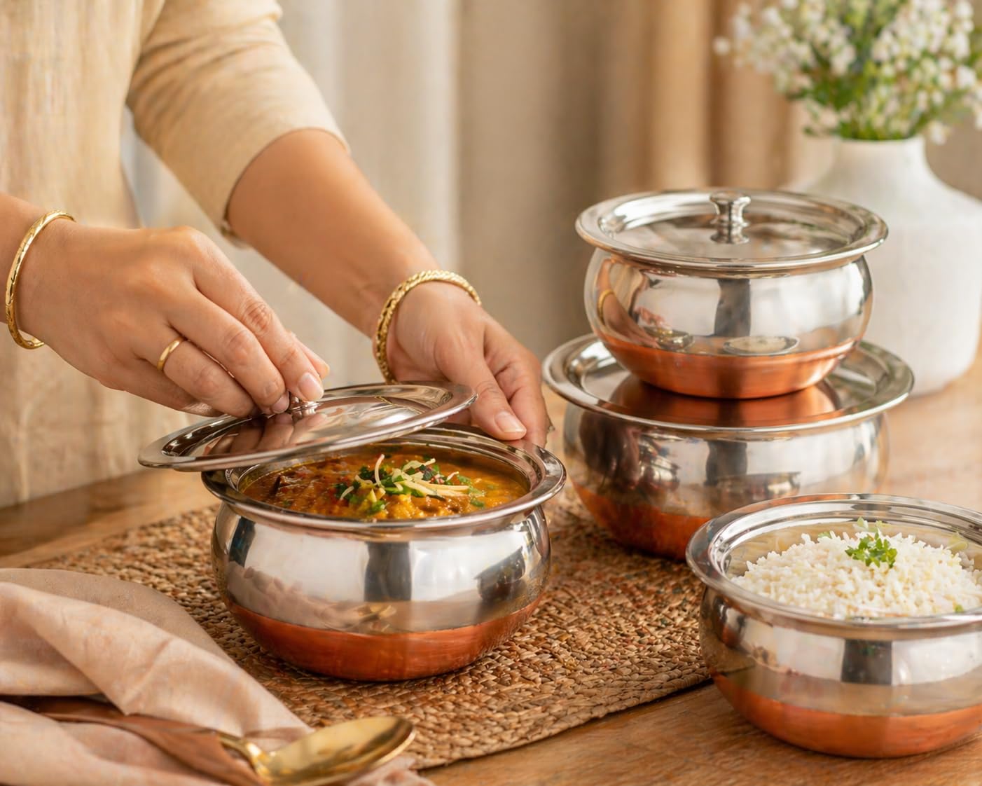 GlamourShop Stainless Steel Copper Base Serving Bowls Handi Set of 3 Pieces, Handi Set with Serving Bowl Set/Cookware Set/Sauce Pot and Handis (3, Chopper)