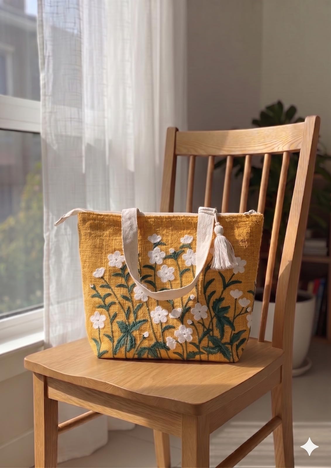 Cotton Tote Bag for Women 16 x 16 Inch | Cotton Canvas Shoulder Handbag with Zipper & Tassel | Reusable Shopping Tote Bag for Office, College, Travel, Grocery & Daily Use | Daisy Print (Design - 5)