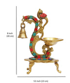 Artvarko Gemstone Work Brass Peacock Diya with Bell Antique Finish Ethnic Oil Lamp for Home Décor ,100% Pure Brass Antique Oil lamp for Office Home Temple, 8 inches