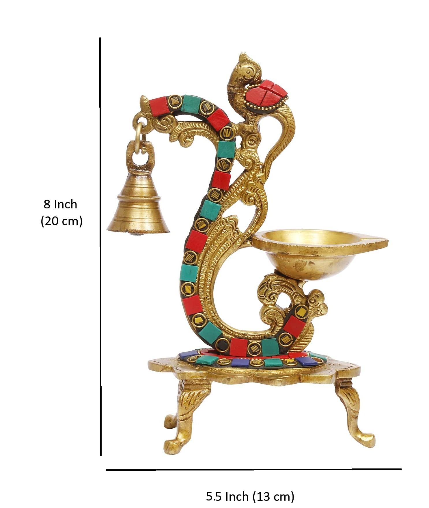 Artvarko Gemstone Work Brass Peacock Diya with Bell Antique Finish Ethnic Oil Lamp for Home Décor ,100% Pure Brass Antique Oil lamp for Office Home Temple, 8 inches