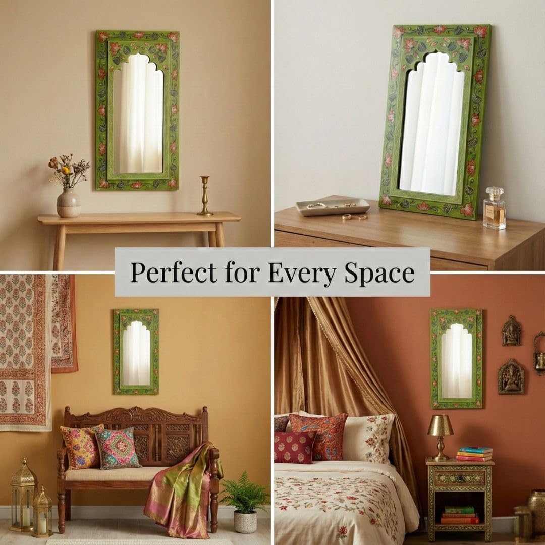 ATRANGI STUDIO Tropical Green Handpainted Wooden Mirror | Handcrafted Arch Design with Floral Motifs | Rajasthani Traditional Jharokha Style Mirror | Framed Wall Hanging for Home, Bedroom |18x9.5 Inch